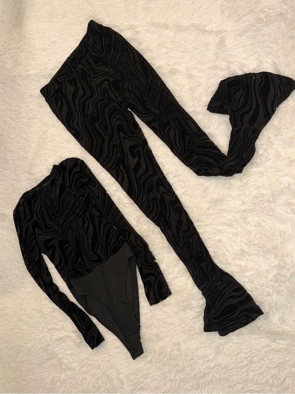 Black Velvet Textured Two-Piece Set - Long Sleeve Bodysuit & Flared Pants